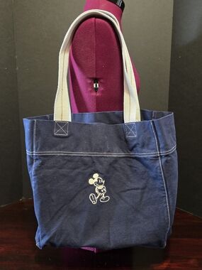 Vintage 90s Blue Mickey Mouse White Embroidered Canvas Tote Bag 15" Disney Store